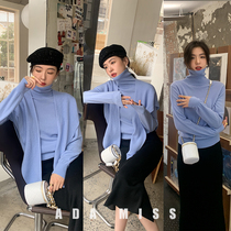 ADA MISS winter wear new fashionable knitted two-piece set_100% wool loose high neck base shirt Womens shawl