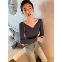 ADA MISS spring 2021 new sexy V-neck heart machine curved collar wool base shirt slim knitted top for women