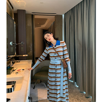 ADA MISS spring new products _ 2021 early spring fashion contrast color polo collar striped knitted dress long dress women
