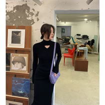 ADA MISS autumn and winter clothes New bottoming design sense triangle hollow long wool knitted dress women Black