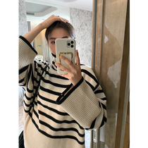ADA MISS winter wear new Casual blogger sweater Womens Classic striped loose high neck lazy knitted jacket