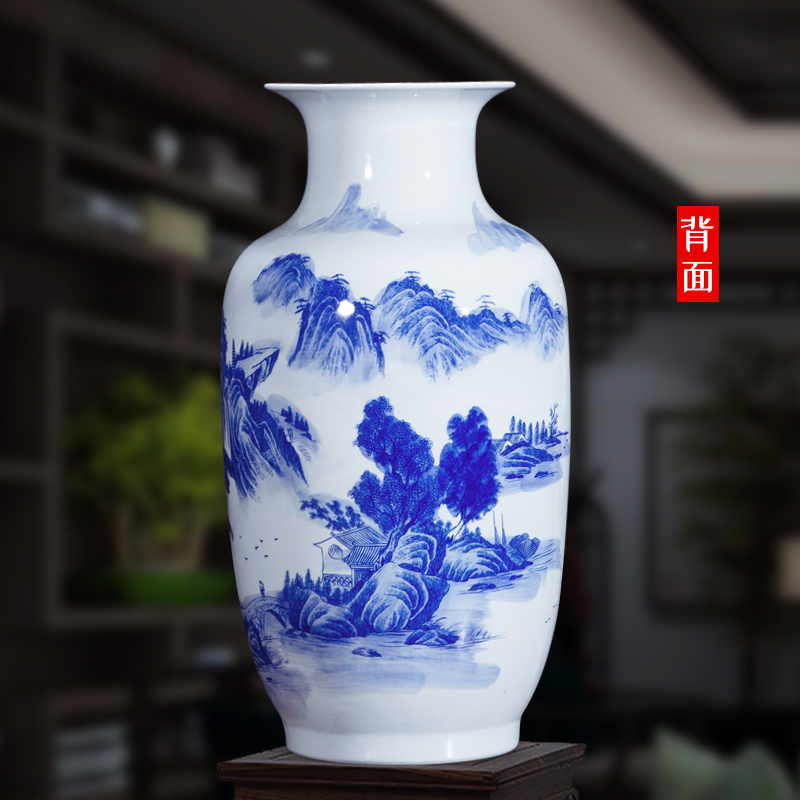 Jingdezhen ceramics landscape painting large Chinese blue and white porcelain vase study ground adornment office furnishing articles