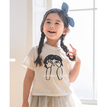 Zoebby South Korean childrens clothing baby soft Miao cute hiding cat hand-painted short sleeve T-shirt spring summer