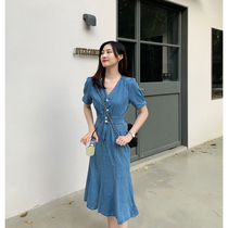 Mrs Sakura turkish denim skirt dress female summer 2020 new bubble sleeve waist thin temperament skirt