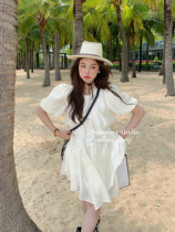 Summer Home Homemade Temperament Style Bubble Sleeves Short Sleeves White Dress Woman Pear-shaped Stature 2022 Summer New