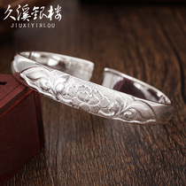 Jiuxi silver building 999 foot Silver open bracelet peony flower sterling silver handmade ethnic style bracelet to send mother silver bracelet