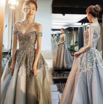 Smoky gray wedding dress Glitter bright word shoulder atmospheric princess evening dress Bride dream dinner photo studio tutu