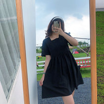 Meet home plus size womens micro fat mm thin dress 2021 summer Hepburn wind waist retro square collar small black dress