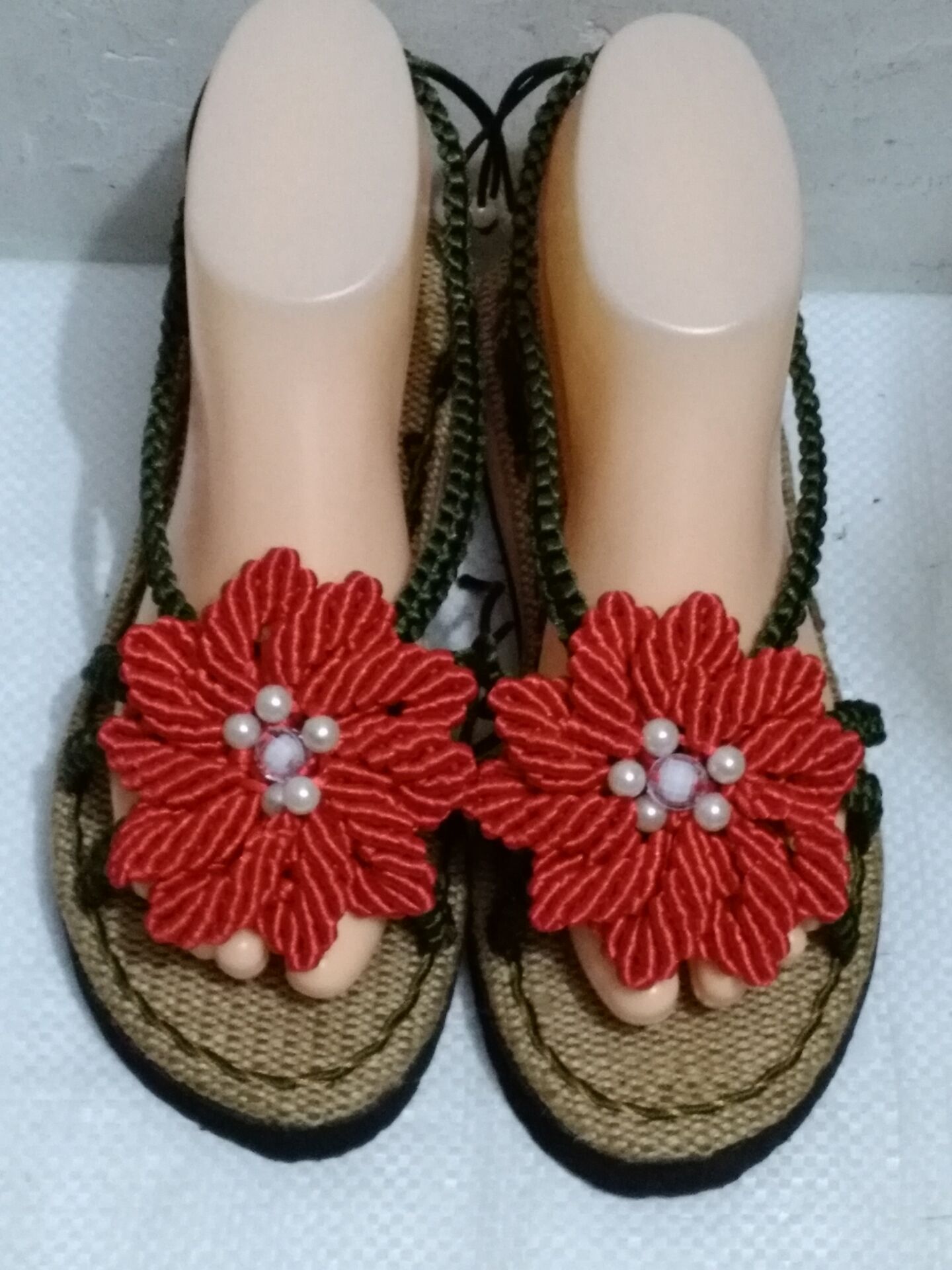 女士凉鞋35号 一品红 花儿朵朵 中国结编织凉拖鞋 纯手工 材料包