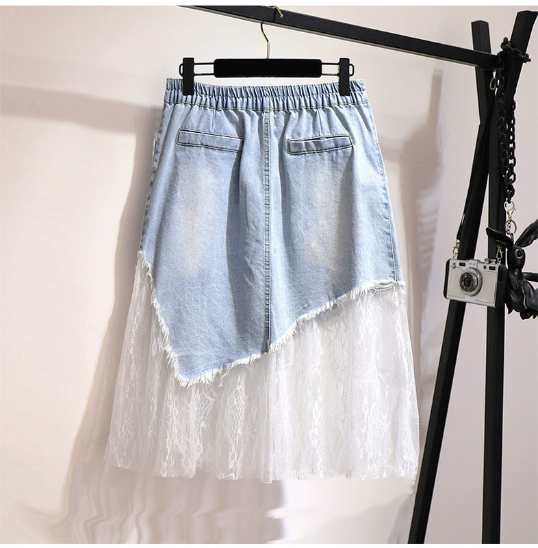 Fat mm váy denim người phụ nữ béo mùa hè phong cách mới 200 kg eo cao giữa chiều dài một dòng váy lưới váy không đều - Váy