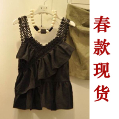 东大门新款夏装蕾丝拼接荷叶边吊带衫,上衣,甜美,性感,连衣裙,黑色