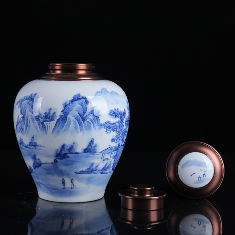 I and contracted scenery of blue and white porcelain of jingdezhen ceramics caddy fixings loose tea tea tea storage tank furnishing articles