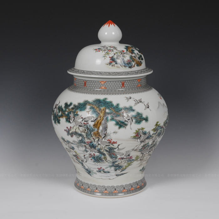 Jingdezhen ceramic caddy fixings hand - made porcelain enamel best crane, the general pot of new Chinese style sitting room adornment is placed