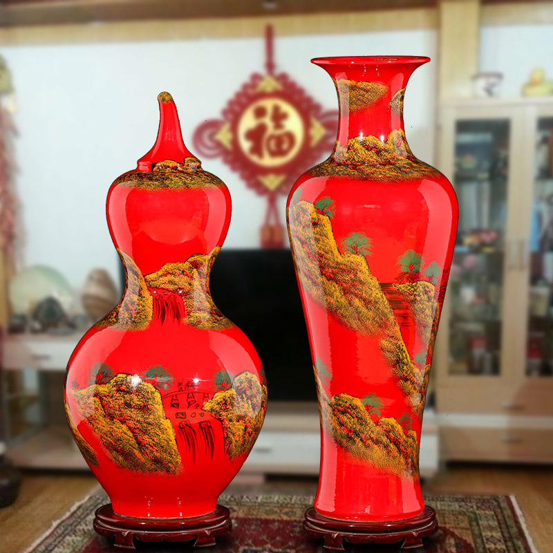 Jingdezhen ceramics China red vase is placed large bottle gourd landing large I and contracted sitting room