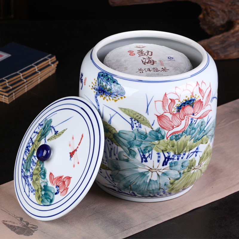 Jingdezhen ceramic packing gift box pu 'er tea pot large household tea cake tin general sealed as cans of storage tank