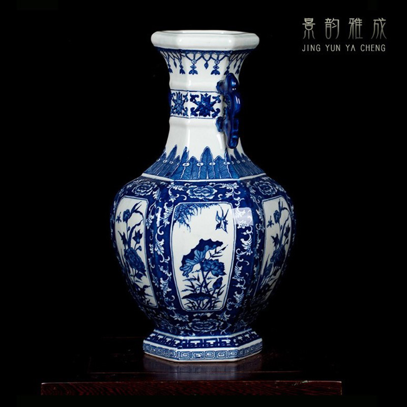 Jingdezhen ceramic archaize home sitting room flower vase of blue and white porcelain decorative furnishing articles rich ancient frame craft porcelain