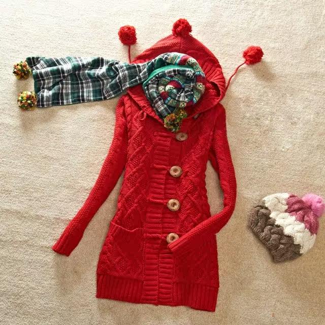 森系日韩正品ray 梅花扣编织羊毛中长款棒针加绒加厚开衫毛衣外套