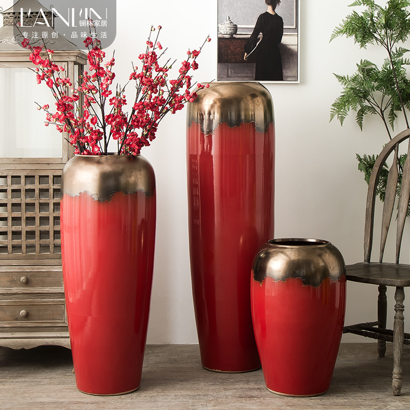 Jingdezhen ceramic vase big sitting room dry flower vase planting Chinese red modern European - style villa hotel decoration furnishing articles