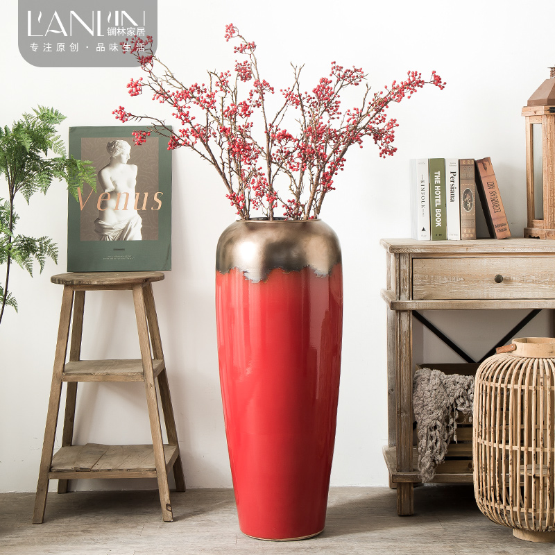 Jingdezhen ceramic vase big sitting room dry flower vase planting Chinese red modern European - style villa hotel decoration furnishing articles