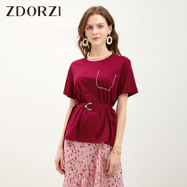 Zhuoduo design sense waist short sleeve t-shirt women 2021 summer new fashion nail ball round neck cotton top tide