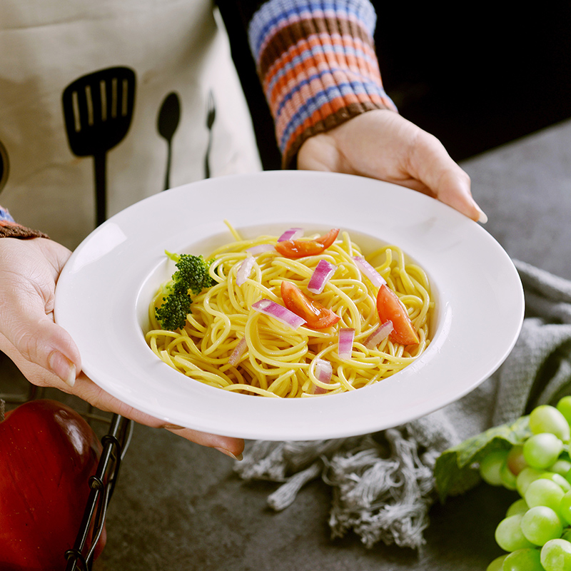 Pure white glaze color creative deep circular plate under hotel ceramic pasta dish home 8 inches European food dish