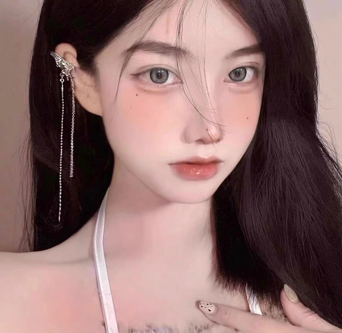 半边蝴蝶耳夹无耳洞女暗黑长款流苏链条精灵耳骨夹翅膀耳挂耳饰夏