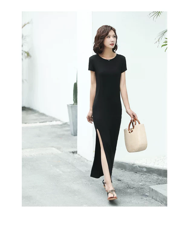 Phong cách Âu Mỹ mùa hè mới của phụ nữ màu đen với những đường xẻ lớn và áo phông dài váy mỏng gợi cảm - Sản phẩm HOT