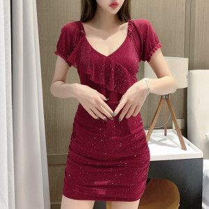 Summer temperament bright drill off shoulder sexy V-neck slim dress