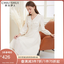 Akihime white dress 2021 autumn new womens V collar lace elegant high waist long skirt