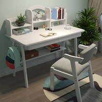 Japanese solid wood desk simple family bedroom students learning writing table White with bookshelf computer desk