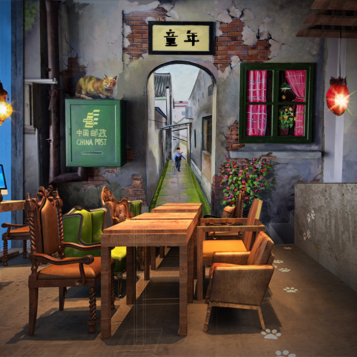 3d复古怀旧80年代马路边边壁纸串串香烧烤火锅墙纸餐厅饭店5d壁画