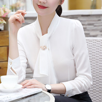 White shirt womens long-sleeved slim-fit 2021 spring new Korean fan fashion temperament bow retro Hong Kong flavor OL shirt