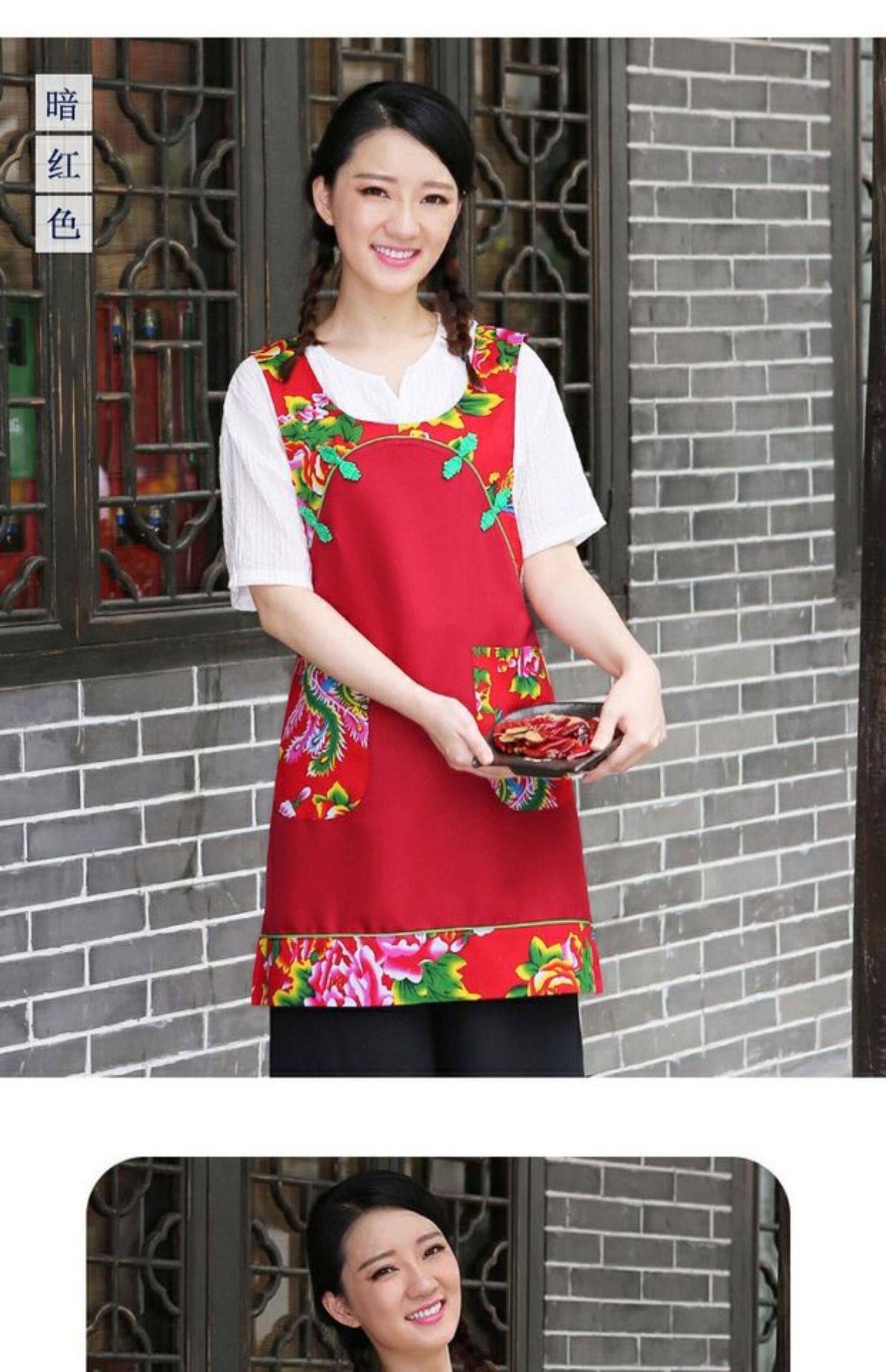 特色时尚厨房家用餐饮女围裙中式复古民族东北花布饭店服务员围腰