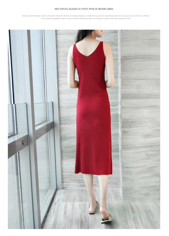 Burgundy dệt kim sling dress nữ cổ chữ V mùa xuân và mùa thu phong cách mới váy dài qua đầu gối áo vest không tay váy dài - Sản phẩm HOT