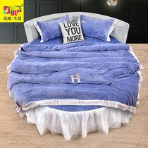 2021 New padded coral velvet four-piece round bed bed skirt lace warm round bed simple style custom blue