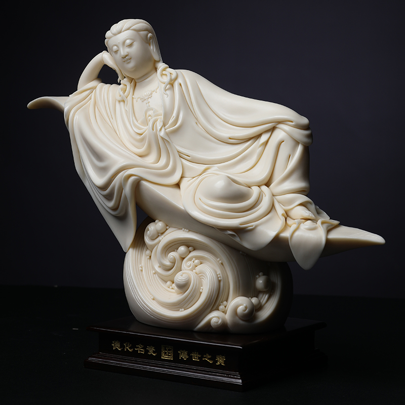 Yutang dai manually signed Lin Jiansheng master piece dehua porcelain carving art of Buddha lie quan Yin/D03-132