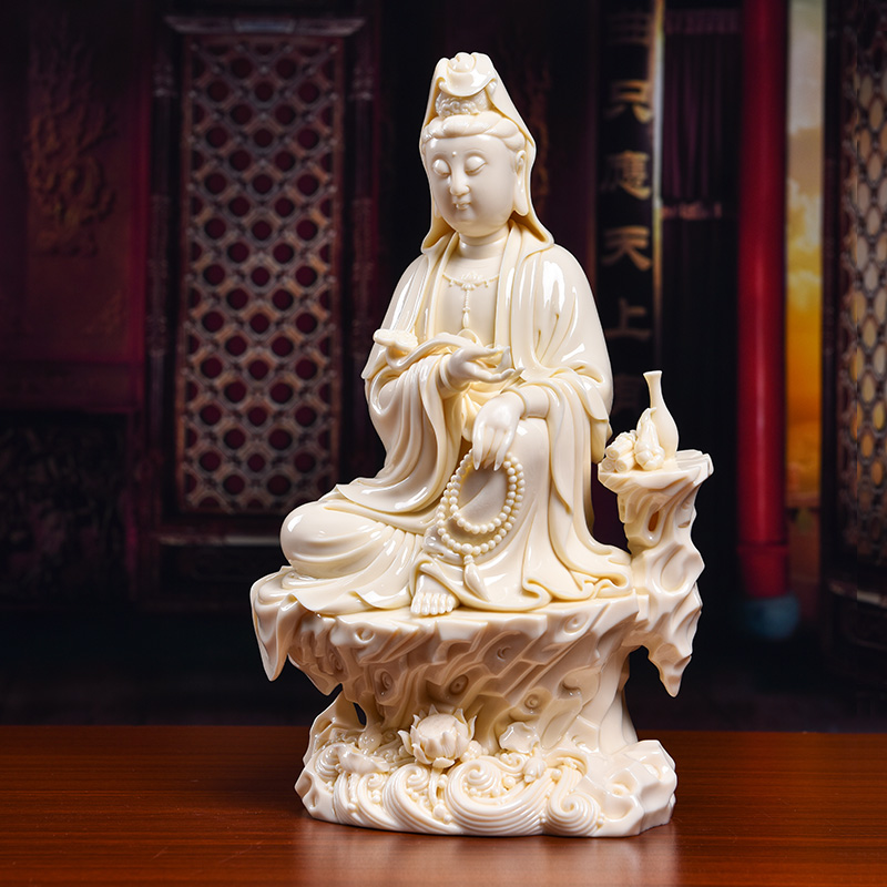 Yutang dai manually signed Lin Jiansheng as yellow jade porcelain statute furnishing articles of handicraft by rock ruyi guan Yin/D03-121