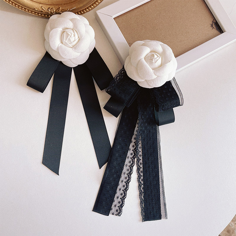 山茶花领结蕾丝长飘带简约职业领花复古领口装饰蝴蝶结别针配饰