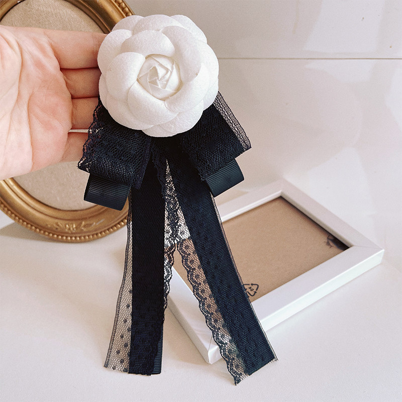 山茶花领结蕾丝长飘带简约职业领花复古领口装饰蝴蝶结别针配饰