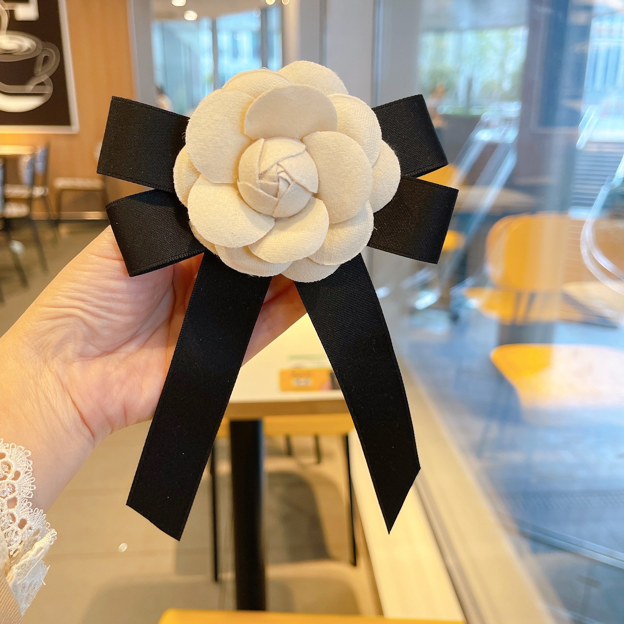 山茶花领结蕾丝长飘带简约职业领花复古领口装饰蝴蝶结别针配饰