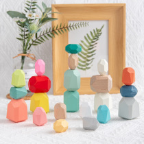 Foreign Trade Cross-border Rainbow Wooden Laminated Stone Collared Building Blocks Color Adults Children Puzzle Toys Stacked high swing pieces