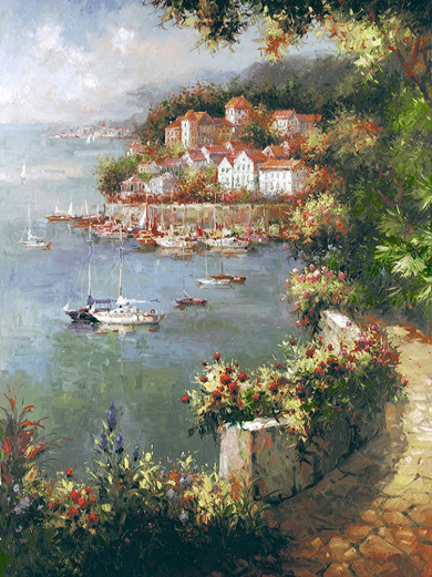 手绘地中海乡村风格装饰画客厅风景装饰画油画布田园框