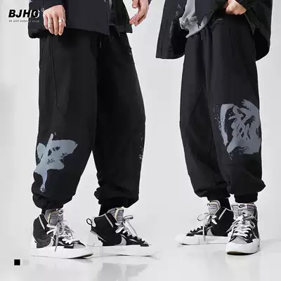 Autumn splashing ink Chinese style print pants boys Guochao high street loose drawstring hip hop sports casual pants