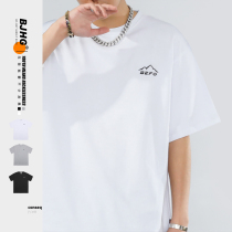 Summer embroidery letter T-shirt mens simple peak pattern solid color street trend INS American loose sports short sleeve