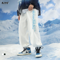 Winter gradient flocking letters plus velvet padded pants men and women Tide brand hanging loose sports casual casual tie pants