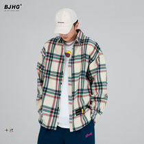 Autumn hairy plaid shirt men loose trend College INS handsome contrast color BF wear shirt coat