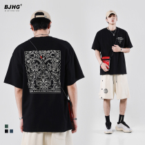 Summer 2021 new round neck short sleeve T-shirt mens trend Japanese back pattern print loose casual half sleeve