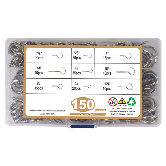 150pcs 카본 스틸 니켈 도금 램프 후크 양안 컵 후크 콤비네이션 세트 150pcs 카본 스틸 니켈 도금 램프 후크 양안 컵 후크 콤비네이션 세트