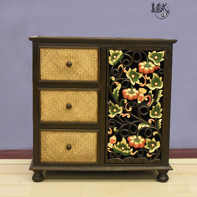 泰国雕花多层实木收纳柜餐厅会所木质餐边柜小碗柜美容院储物柜子_不