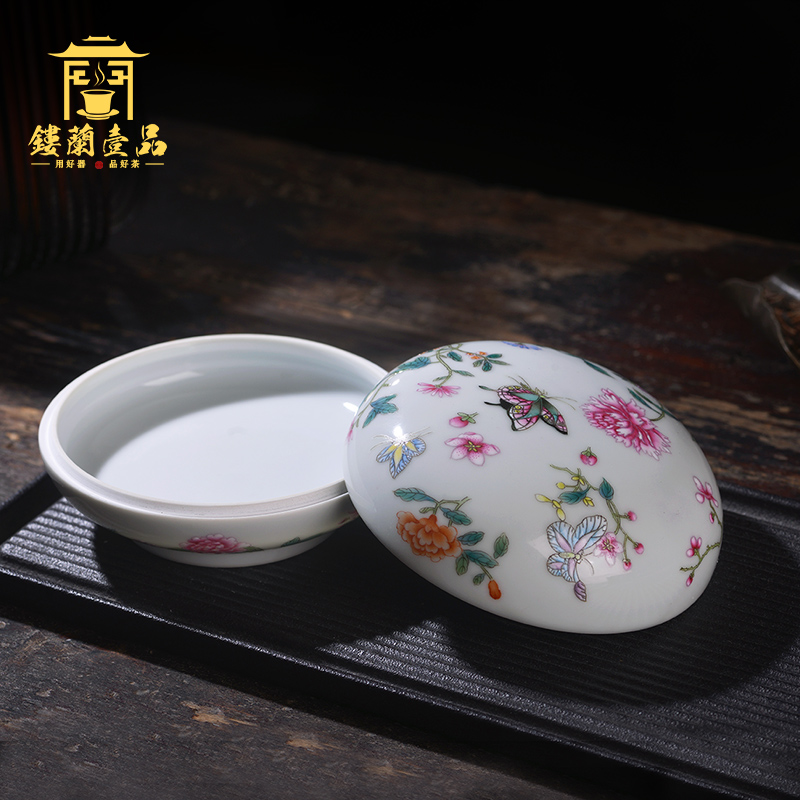 Jingdezhen ceramic hand - made pastel recent jewelry with box to receive a box of four treasures inkpad inkpad box cylinder